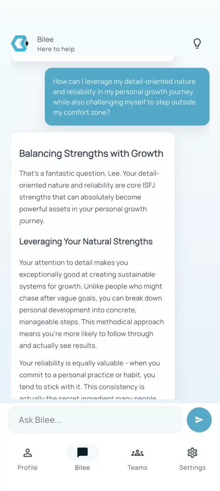 Bilee Android coaching chat screen